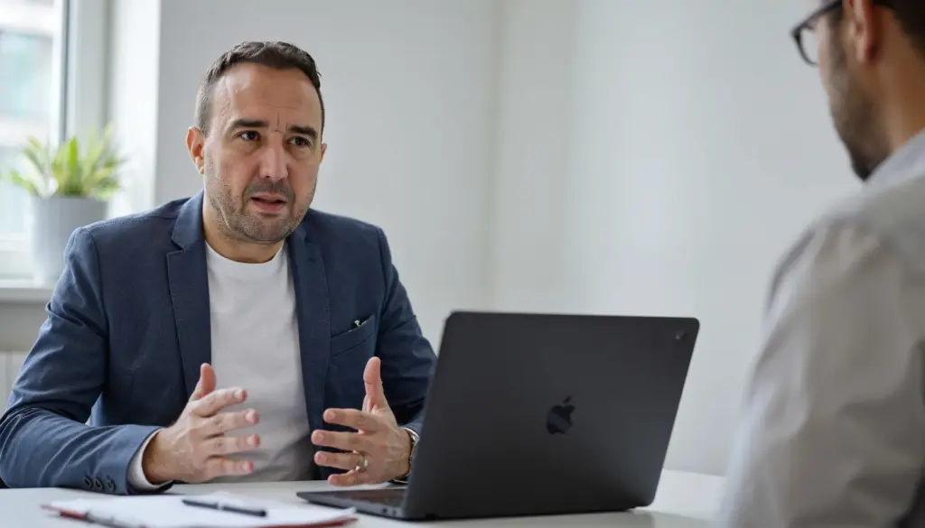 Christian Gottschling sitzt am Schreibtisch vor einem Laptop und erklärt seinem Gegenüber mit beiden Händen einen Sachverhalt