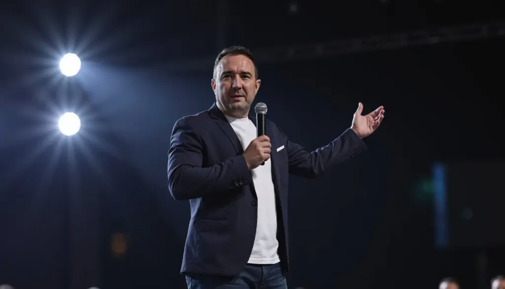 Christian Gottschling spricht mit Mikrofon in der Hand und offener Geste auf einer dunklen Bühne mit hellen Scheinwerfern