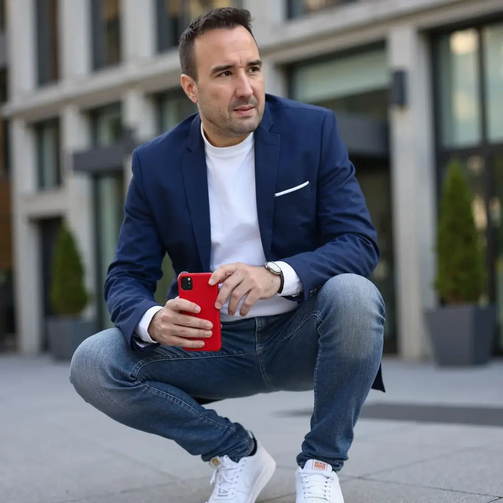 Christian Gottschling mit rotem Smartphone in der Hand in der Hocke vor einer modernen Gebäudefassade, blaues Sakko und Jeans