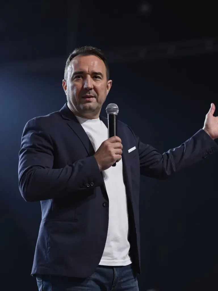 Christian Gottschling spricht mit Handmikrofon und offener Handgeste auf einer Bühne vor dunklem Hintergrund mit Lichtern