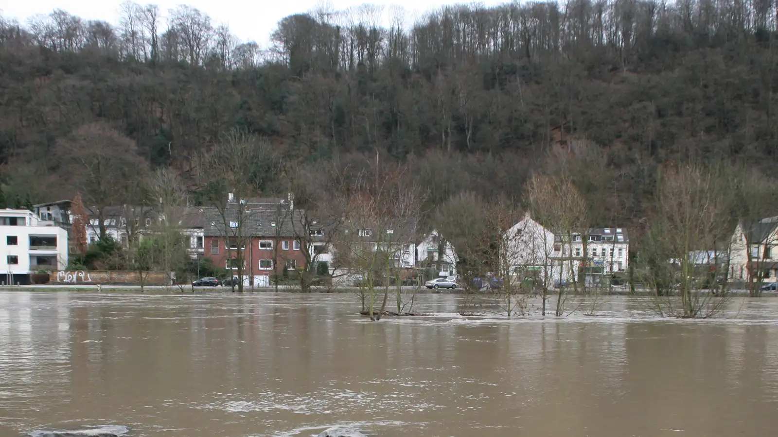Hochwasser der Ruhr an der Straße Schleuse in Essen-Werden, dahinter Wohnhäuser am Fuß eines bewaldeten Hangs